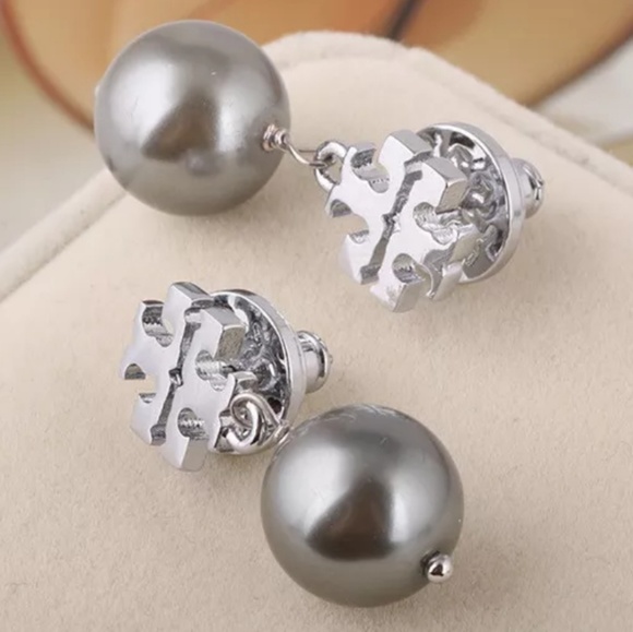 Tory Burch Silver Drop Pearl Logo Earrings - Picture 2 of 4